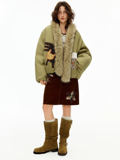 OuttheBlue Warm 90 Percent White Duck Down Straight Patch Applique Pale Green Down Jacket