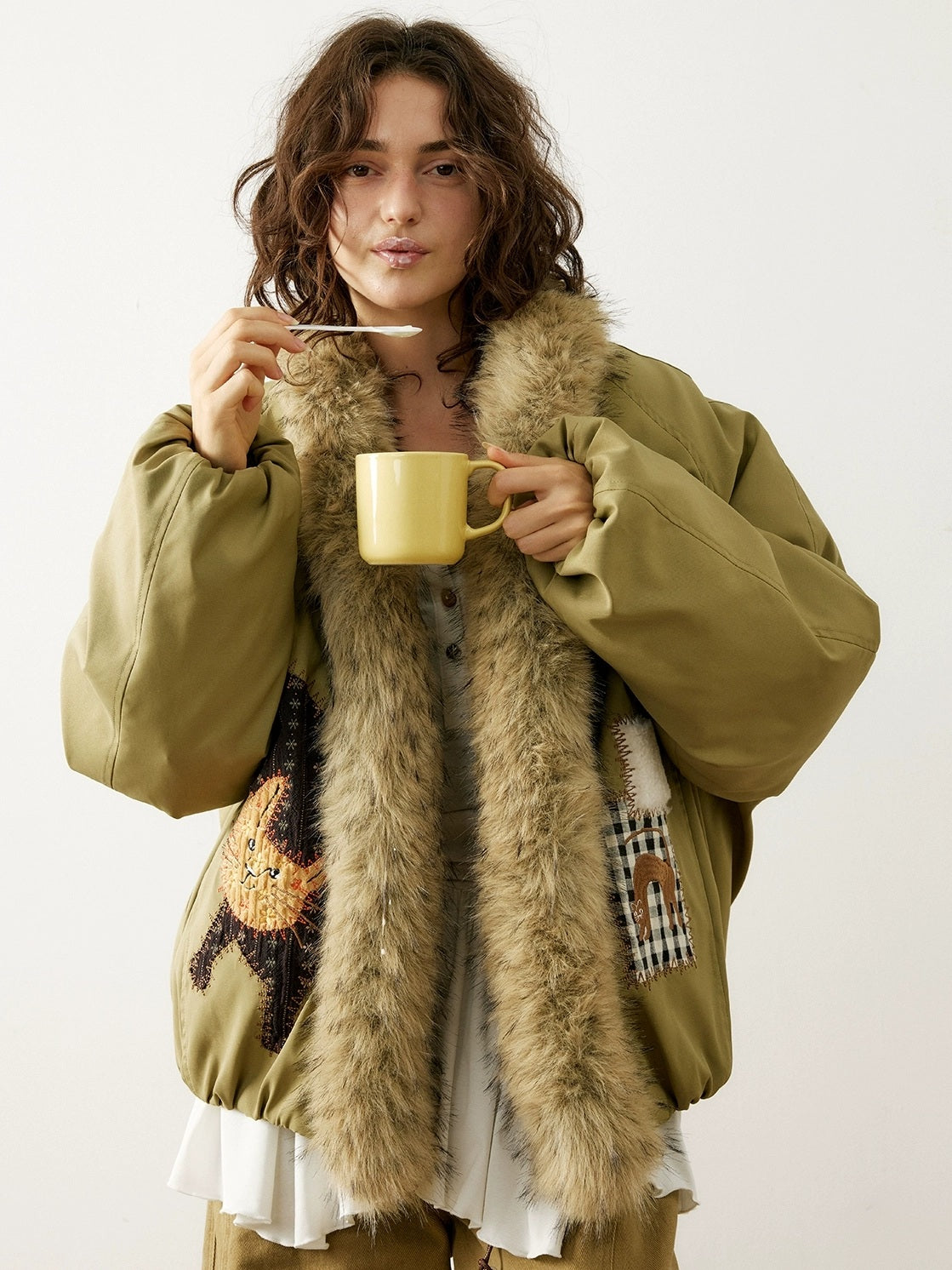 OuttheBlue Warm 90 Percent White Duck Down Straight Patch Applique Pale Green Down Jacket