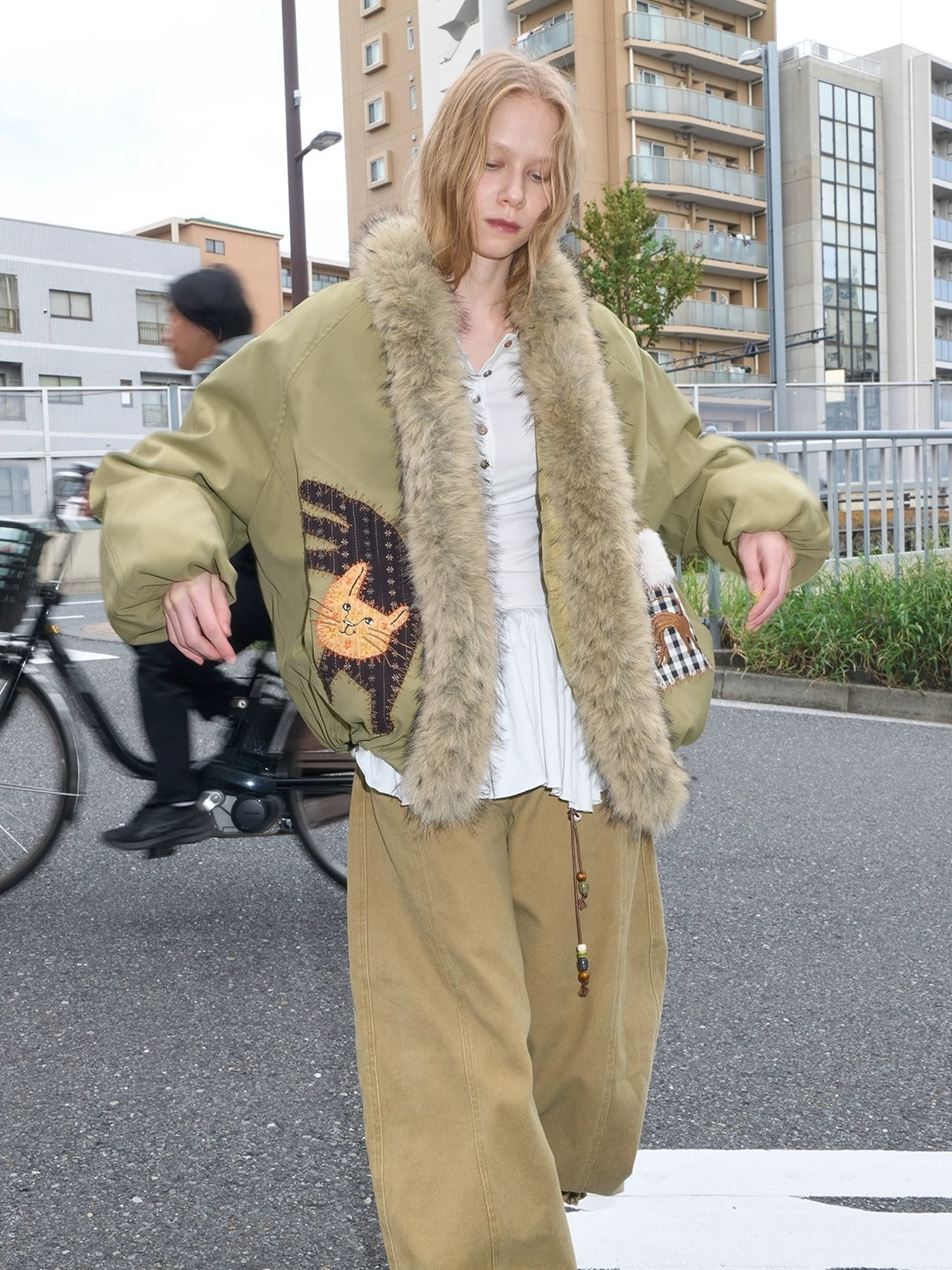 OuttheBlue Warm 90 Percent White Duck Down Straight Patch Applique Pale Green Down Jacket