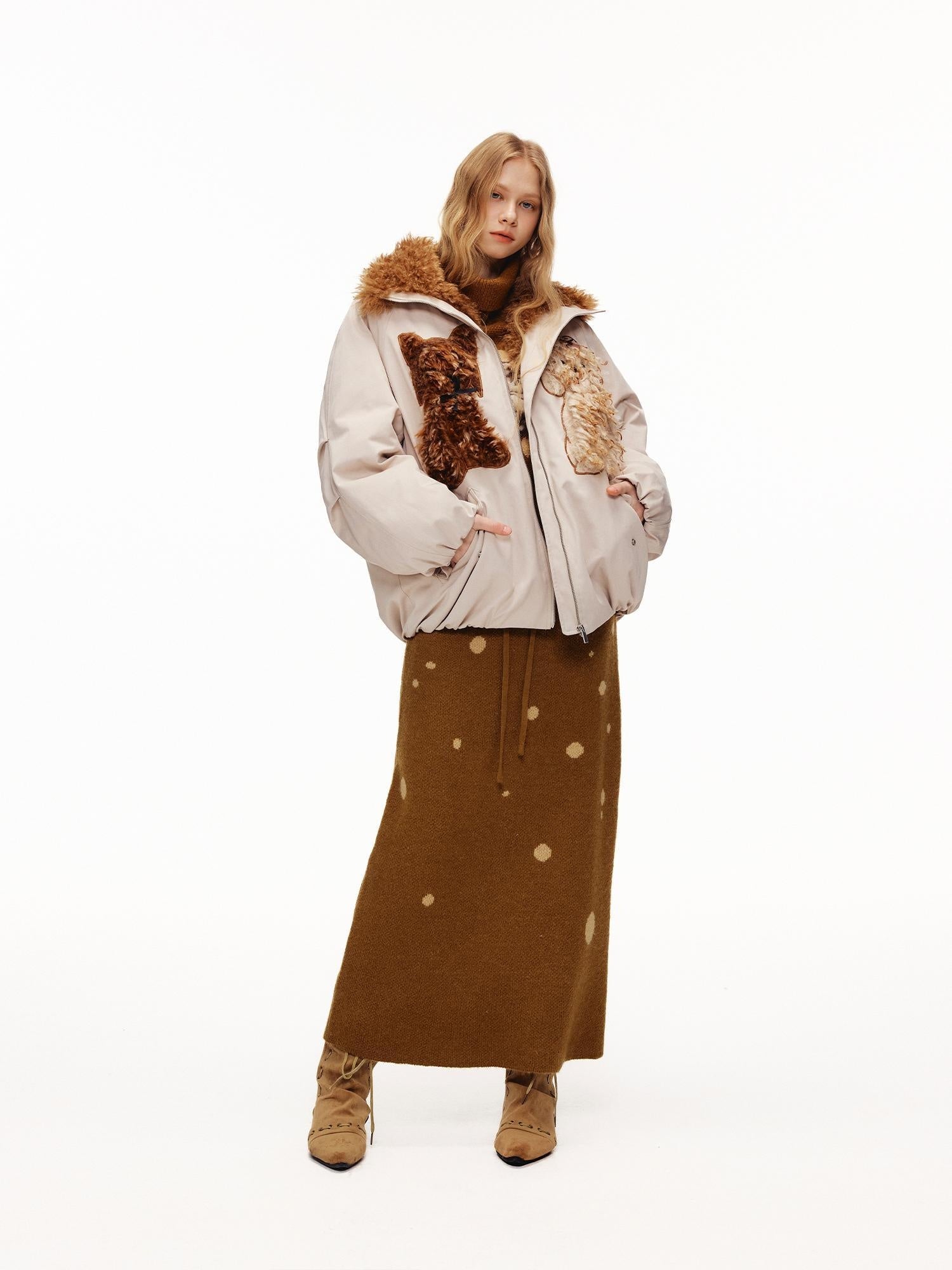 OuttheBlue Warm 90% White Duck Down Patch Embroidery Loose Casual High Waist Down Jacket