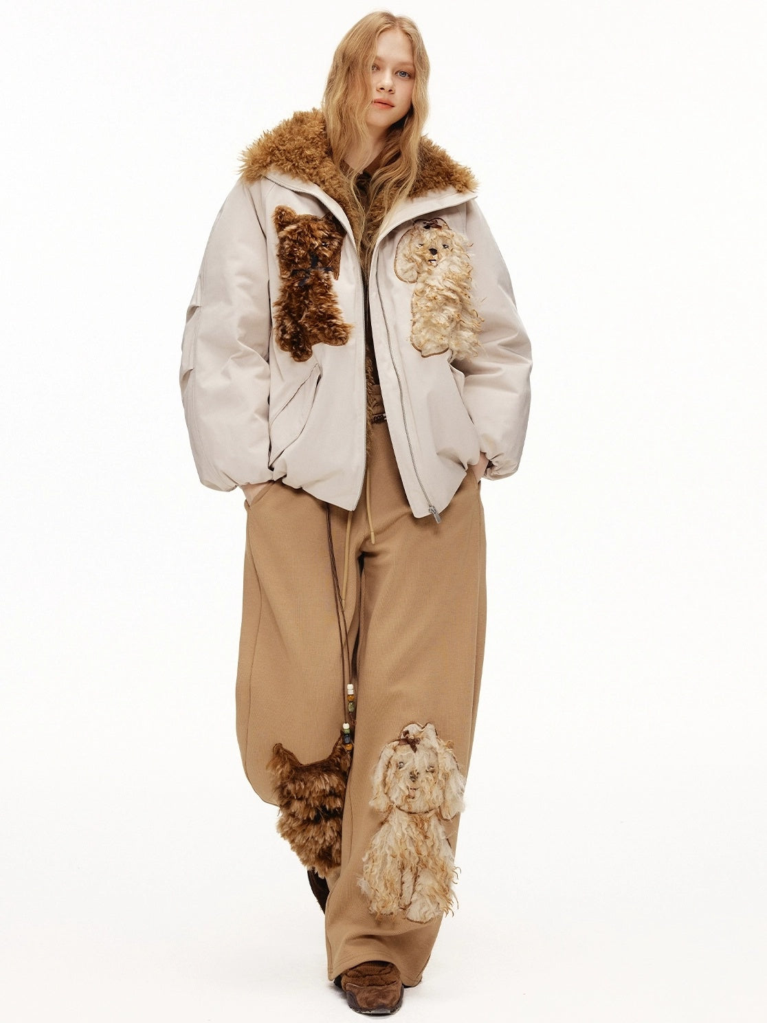 OuttheBlue Warm 90% White Duck Down Patch Embroidery Loose Casual High Waist Down Jacket