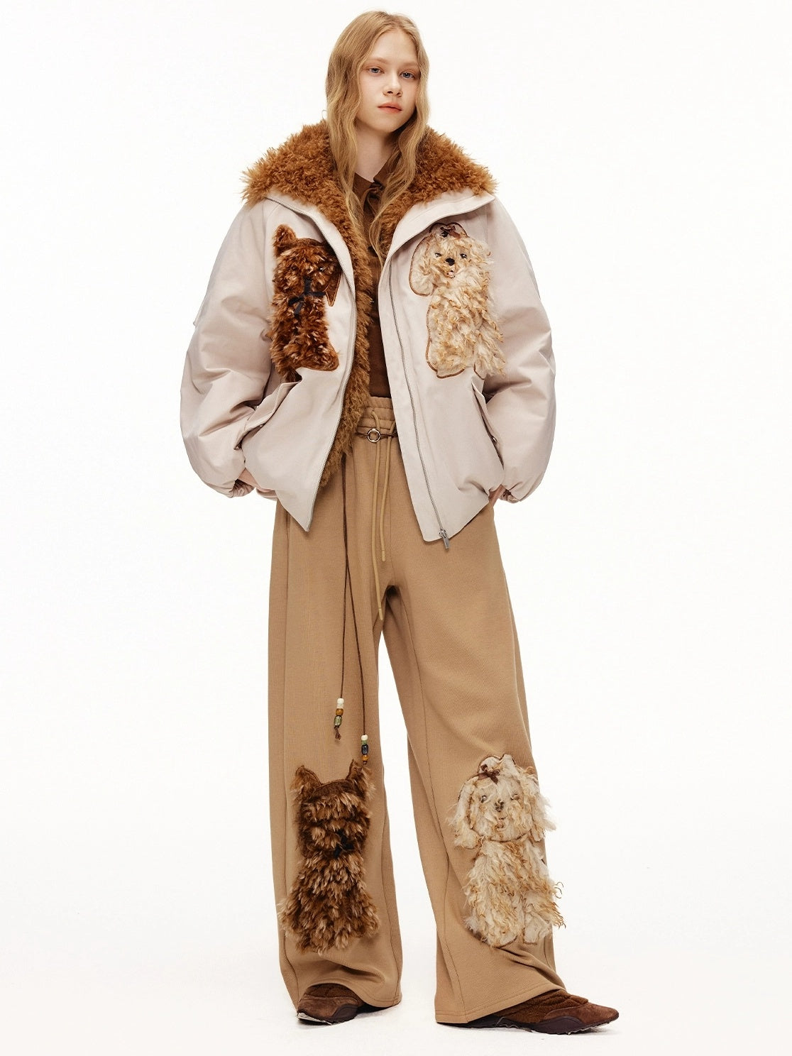 OuttheBlue Warm 90% White Duck Down Patch Embroidery Loose Casual High Waist Down Jacket