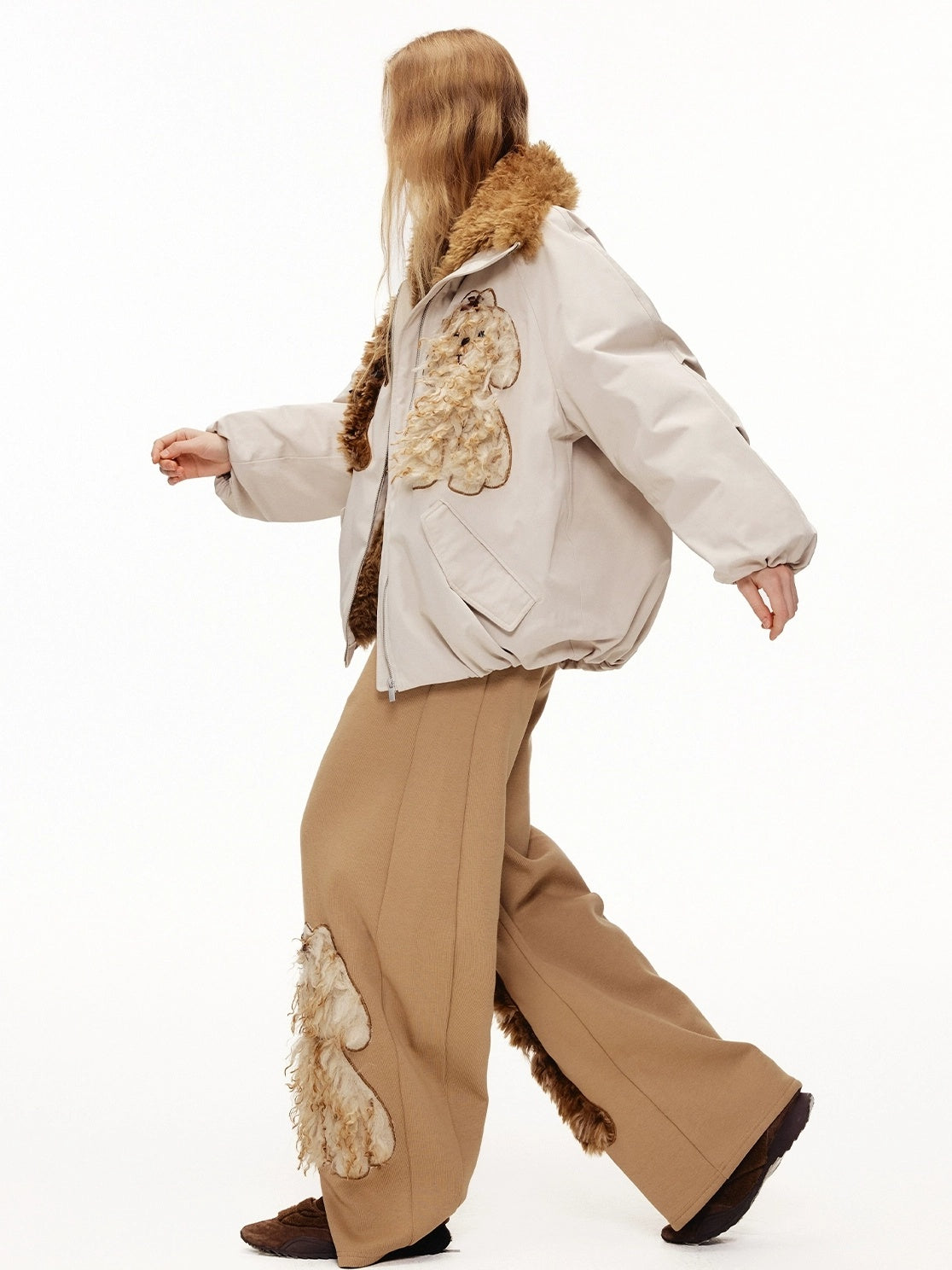 OuttheBlue Warm 90% White Duck Down Patch Embroidery Loose Casual High Waist Down Jacket