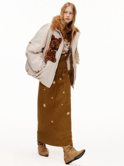 OuttheBlue Warm 90% White Duck Down Patch Embroidery Loose Casual High Waist Down Jacket