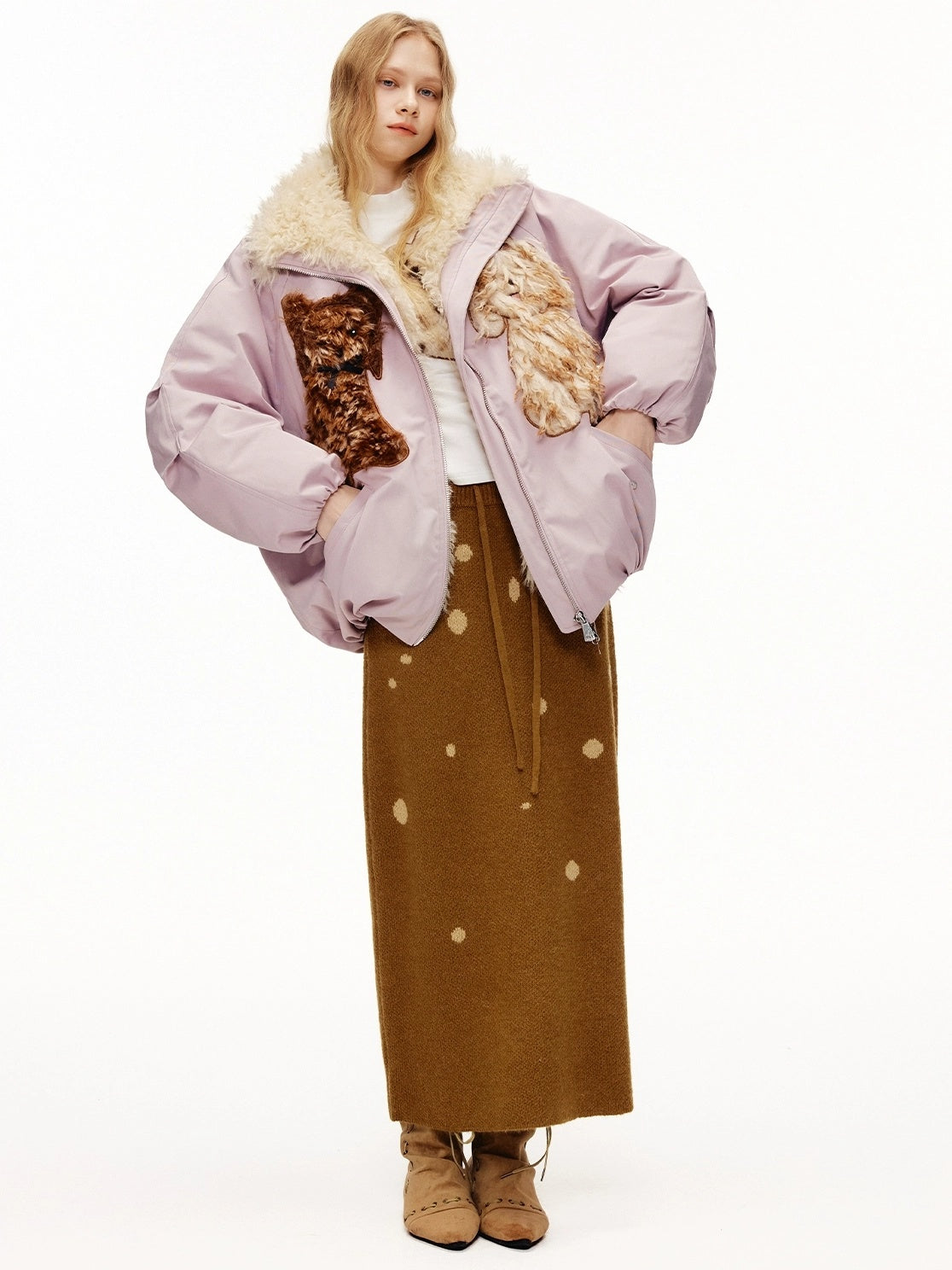 OuttheBlue Warm 90% White Duck Down Patch Embroidery Loose Casual High Waist Down Jacket