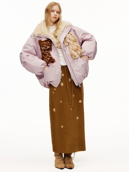 OuttheBlue Warm 90% White Duck Down Patch Embroidery Loose Casual High Waist Down Jacket