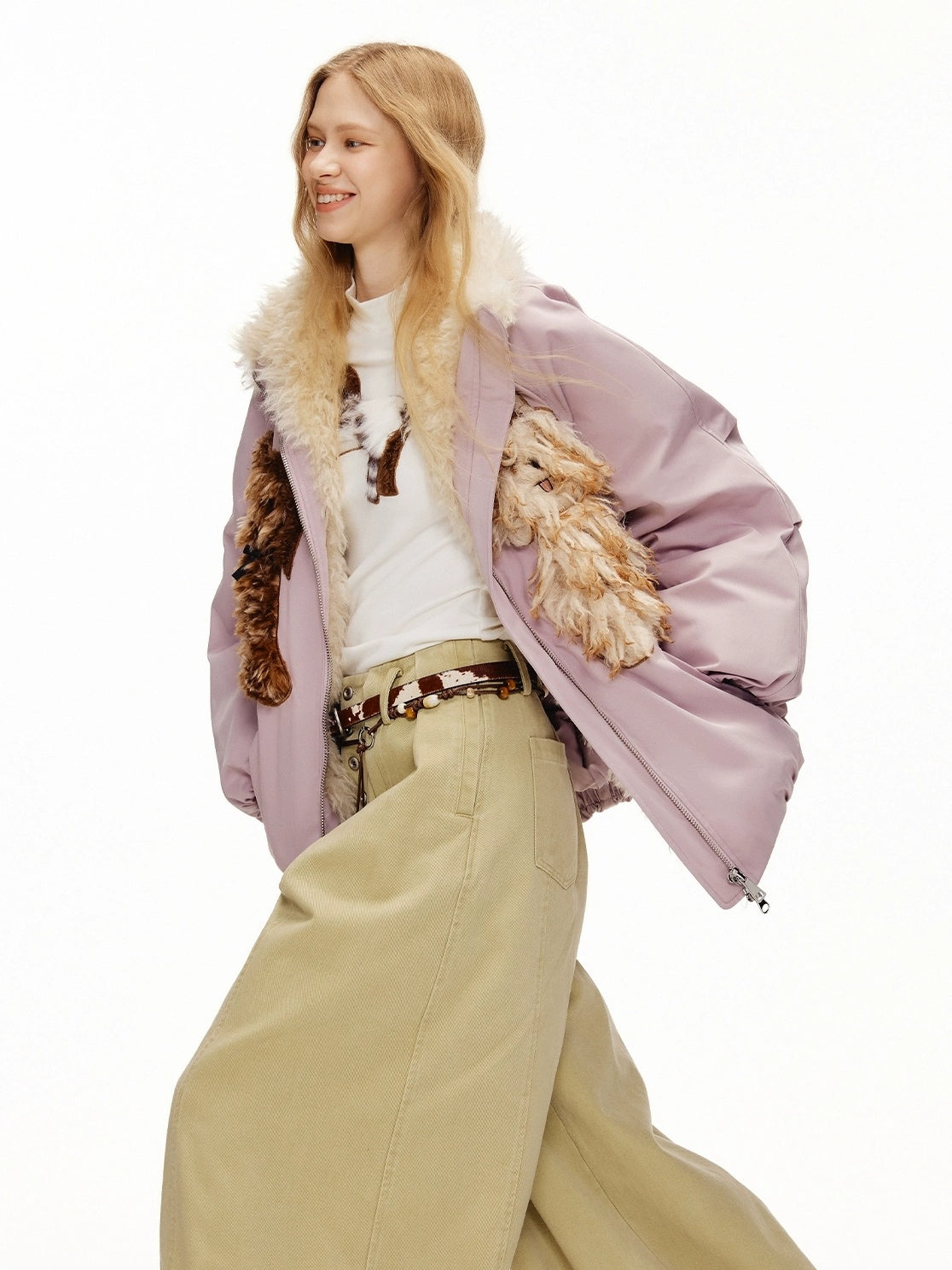 OuttheBlue Warm 90% White Duck Down Patch Embroidery Loose Casual High Waist Down Jacket