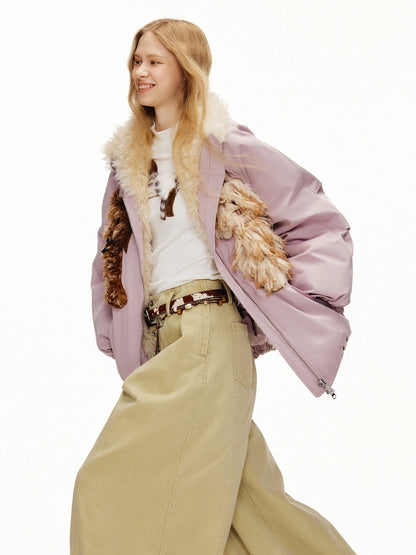 OuttheBlue Warm 90% White Duck Down Patch Embroidery Loose Casual High Waist Down Jacket