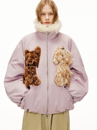 OuttheBlue Warm 90% White Duck Down Patch Embroidery Loose Casual High Waist Down Jacket