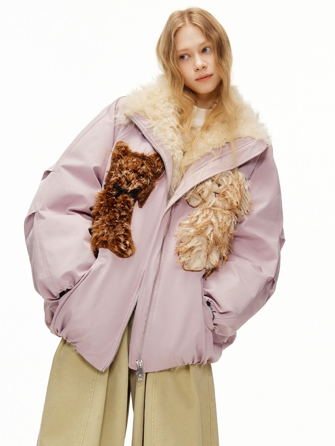 OuttheBlue Warm 90% White Duck Down Patch Embroidery Loose Casual High Waist Down Jacket