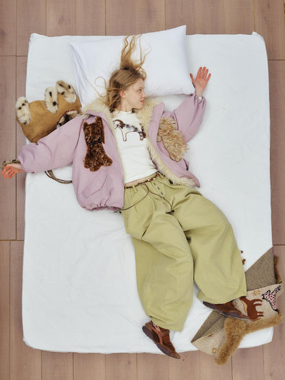 OuttheBlue Warm 90% White Duck Down Patch Embroidery Loose Casual High Waist Down Jacket