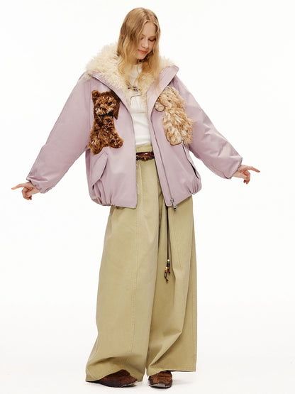 OuttheBlue Warm 90% White Duck Down Patch Embroidery Loose Casual High Waist Down Jacket