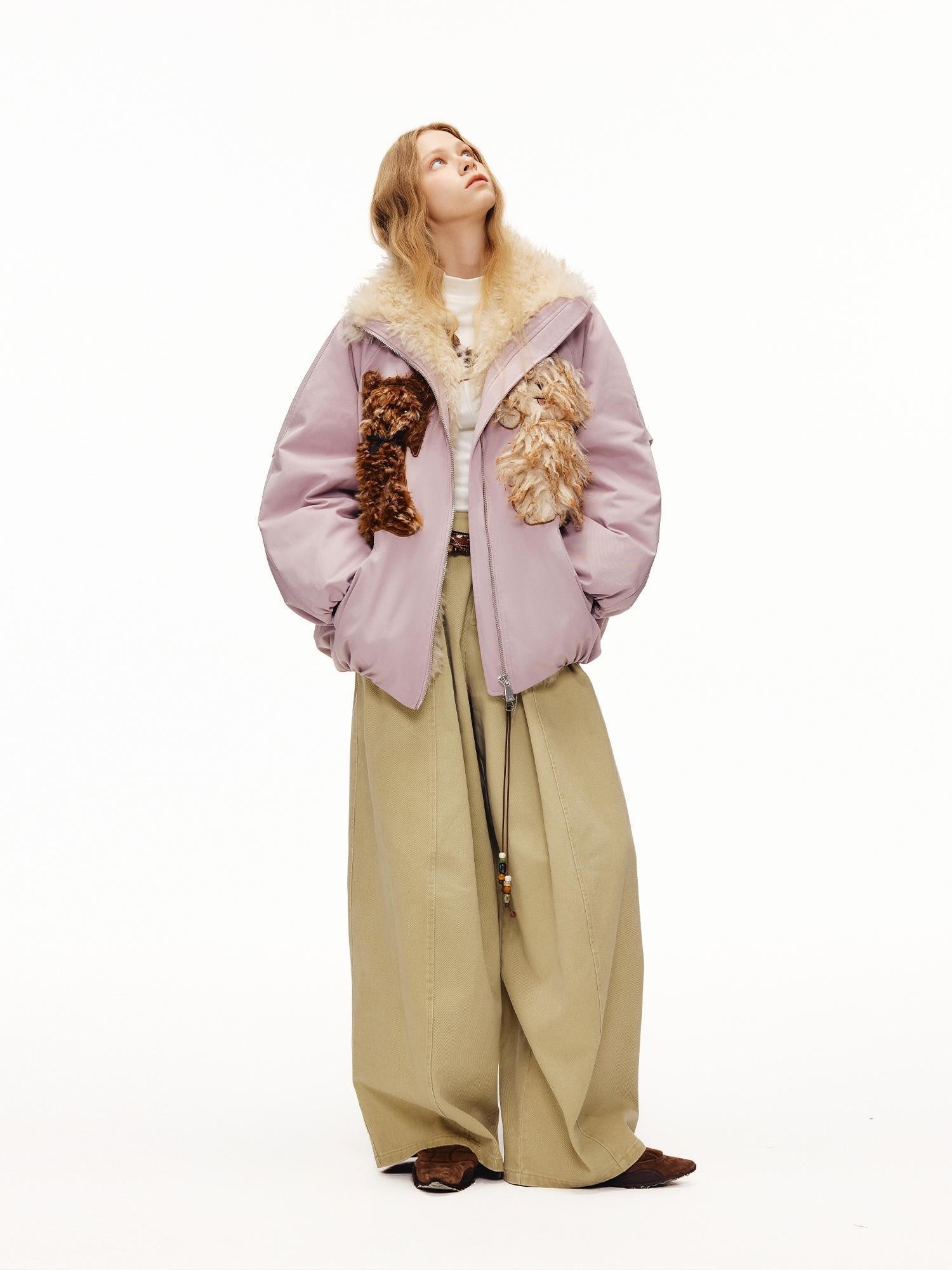 OuttheBlue Warm 90% White Duck Down Patch Embroidery Loose Casual High Waist Down Jacket