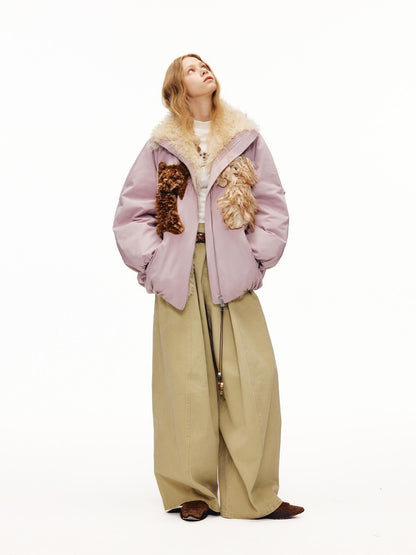 OuttheBlue Warm 90% White Duck Down Patch Embroidery Loose Casual High Waist Down Jacket