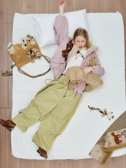 OuttheBlue Warm 90% White Duck Down Patch Embroidery Loose Casual High Waist Down Jacket