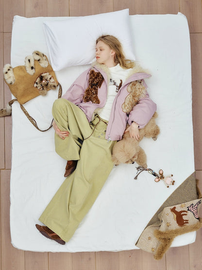 OuttheBlue Warm 90% White Duck Down Patch Embroidery Loose Casual High Waist Down Jacket