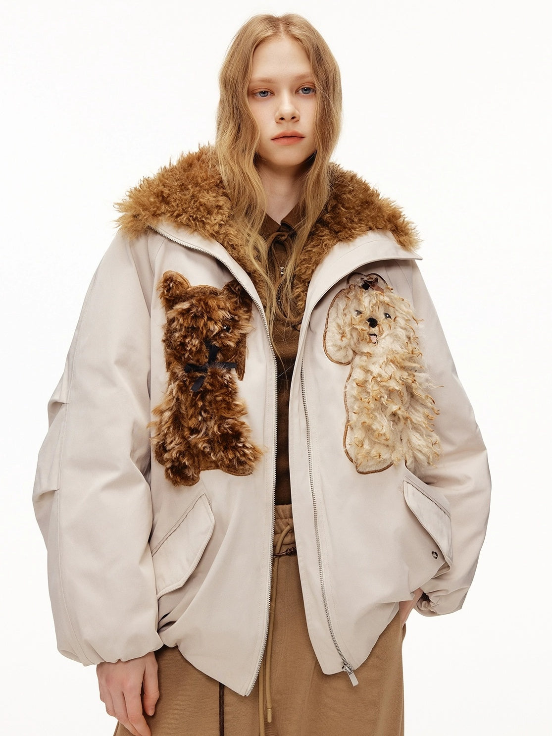 OuttheBlue Warm 90% White Duck Down Patch Embroidery Loose Casual High Waist Down Jacket