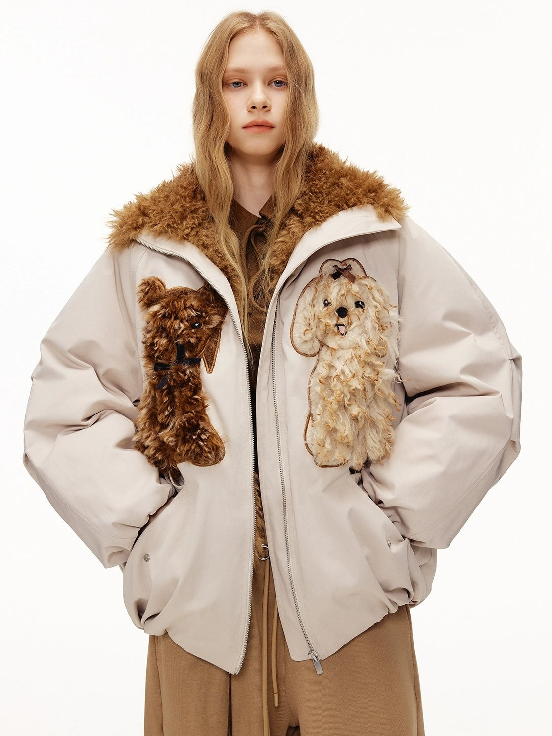 OuttheBlue Warm 90% White Duck Down Patch Embroidery Loose Casual High Waist Down Jacket