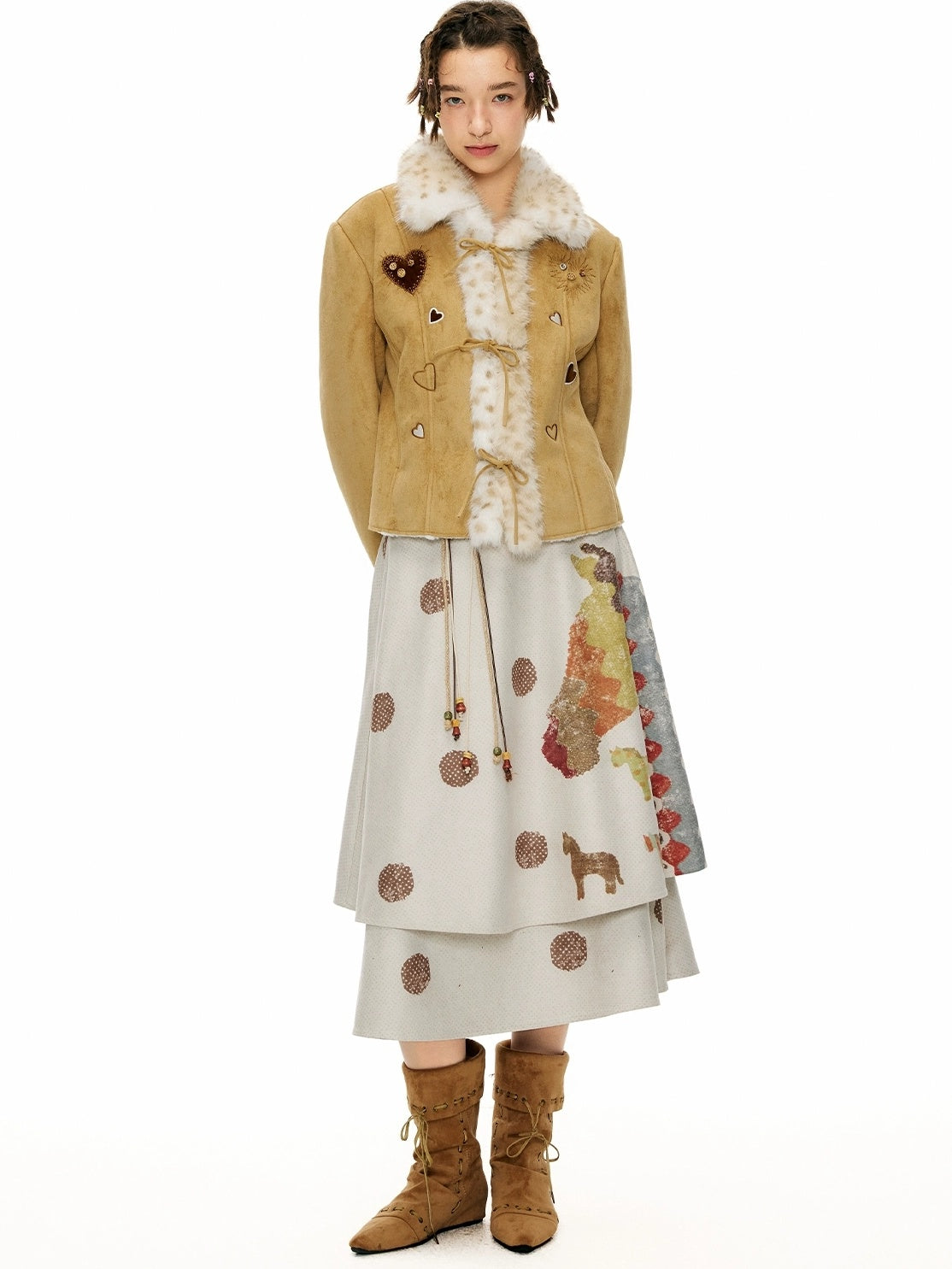 OuttheBlue Warm Casual Slim Faux Shearling Tie Waist Cropped Women Khaki Jacket