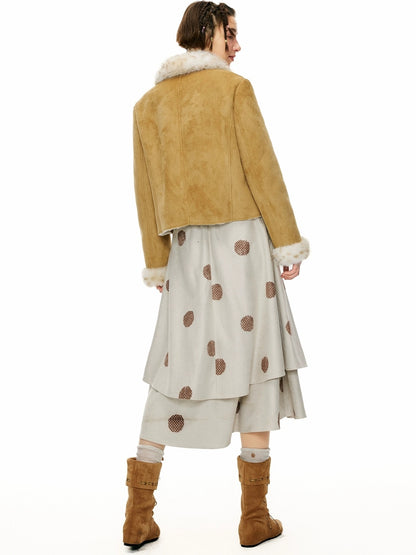 OuttheBlue Warm Casual Slim Faux Shearling Tie Waist Cropped Women Khaki Jacket