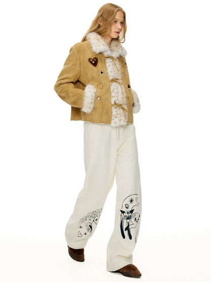 OuttheBlue Warm Casual Slim Faux Shearling Tie Waist Cropped Women Khaki Jacket