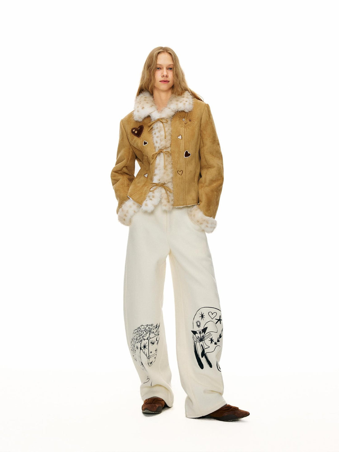 OuttheBlue Warm Casual Slim Faux Shearling Tie Waist Cropped Women Khaki Jacket