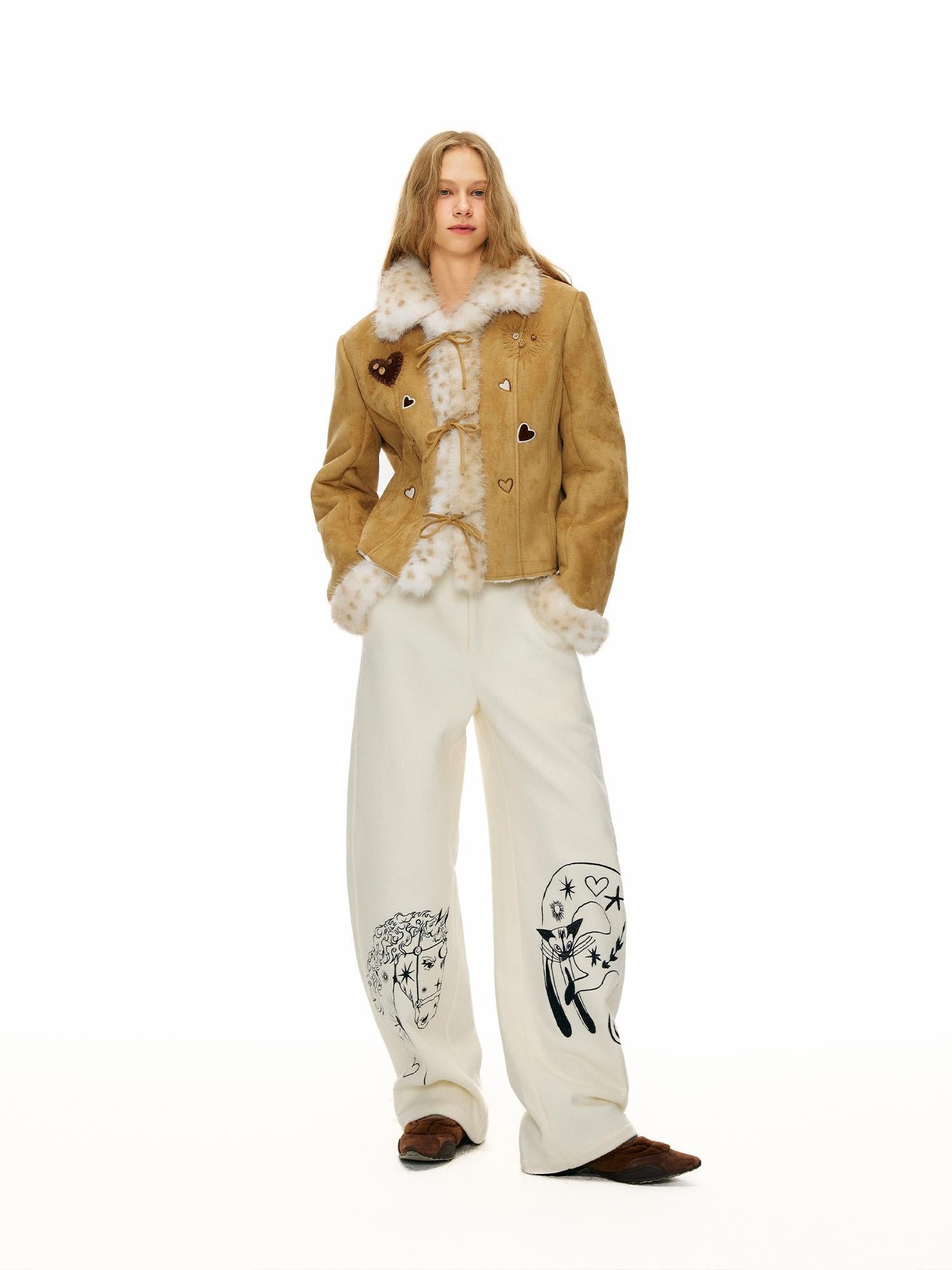 OuttheBlue Warm Casual Slim Faux Shearling Tie Waist Cropped Women Khaki Jacket