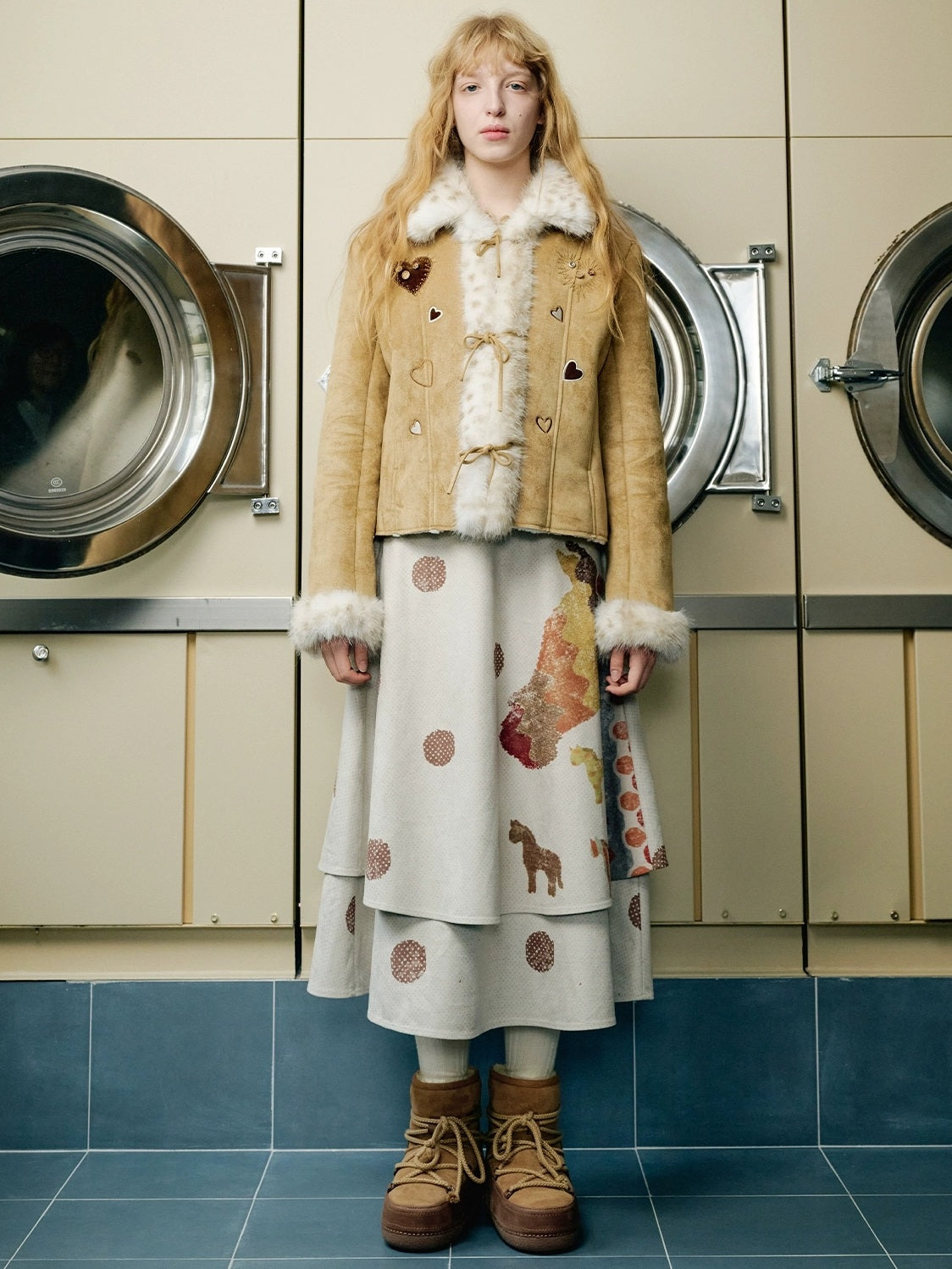 OuttheBlue Warm Casual Slim Faux Shearling Tie Waist Cropped Women Khaki Jacket