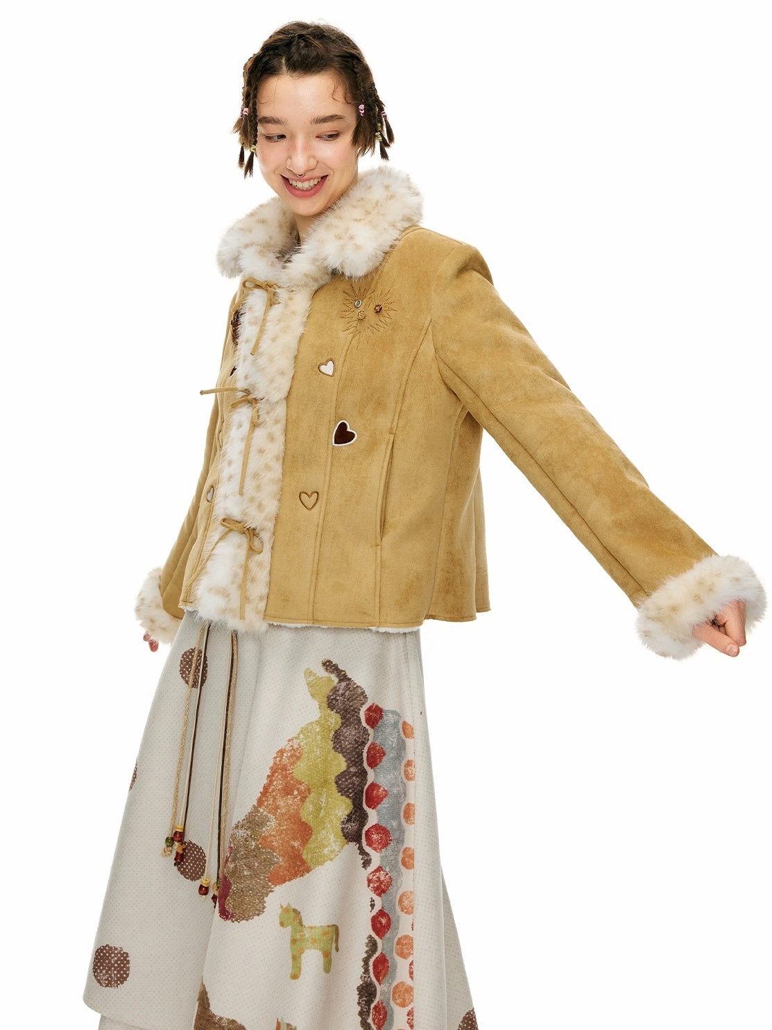 OuttheBlue Warm Casual Slim Faux Shearling Tie Waist Cropped Women Khaki Jacket