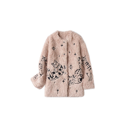 OuttheBlue Warm Thick Cotton Lined Embroidered Sweet Loose Women Dusty Pink Puffer Jackets