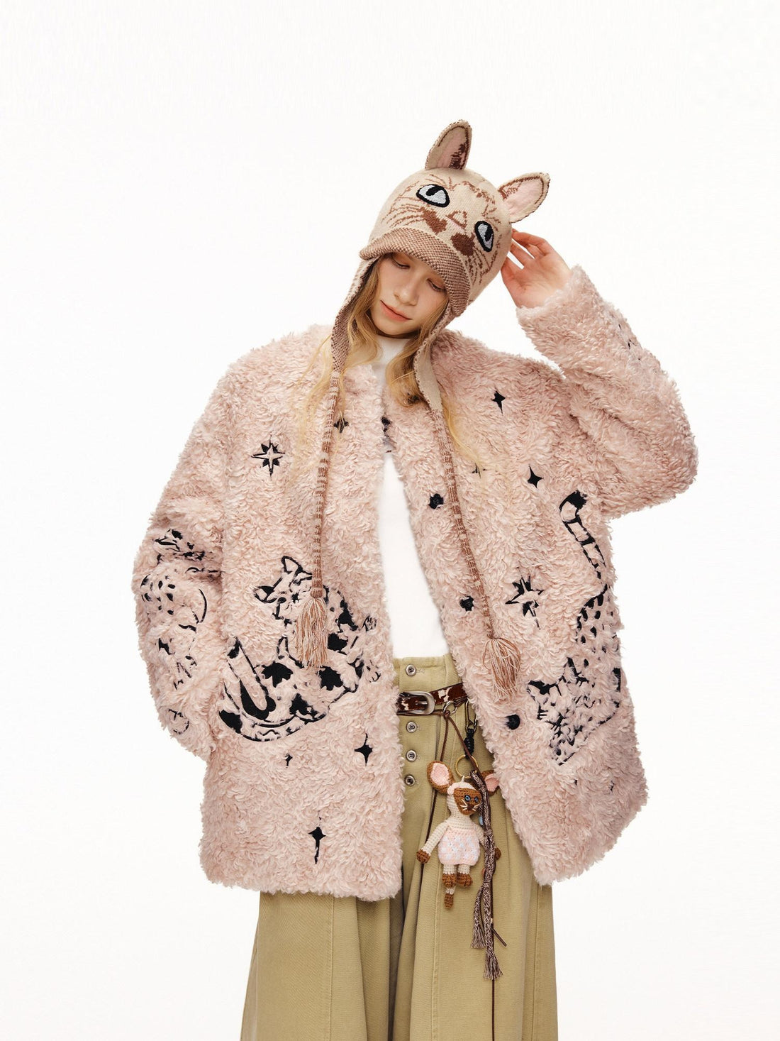 OuttheBlue Warm Thick Cotton Lined Embroidered Sweet Loose Women Dusty Pink Puffer Jackets