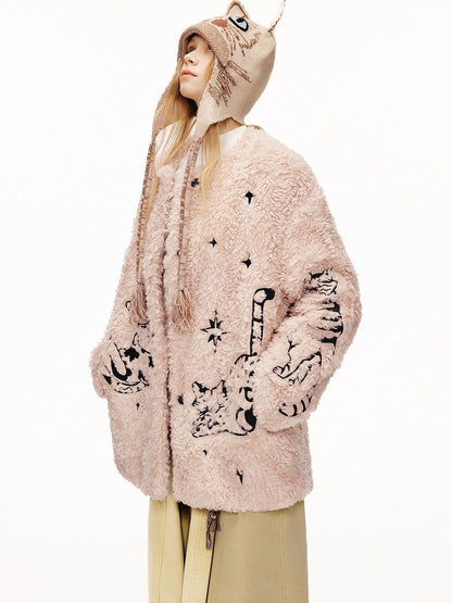 OuttheBlue Warm Thick Cotton Lined Embroidered Sweet Loose Women Dusty Pink Puffer Jackets