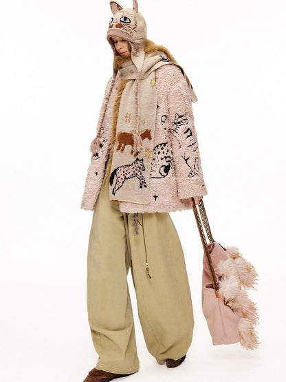OuttheBlue Warm Thick Cotton Lined Embroidered Sweet Loose Women Dusty Pink Puffer Jackets