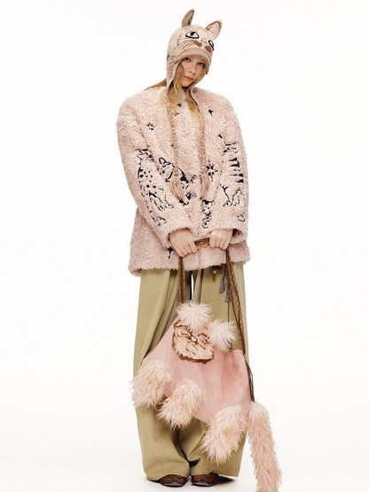 OuttheBlue Warm Thick Cotton Lined Embroidered Sweet Loose Women Dusty Pink Puffer Jackets