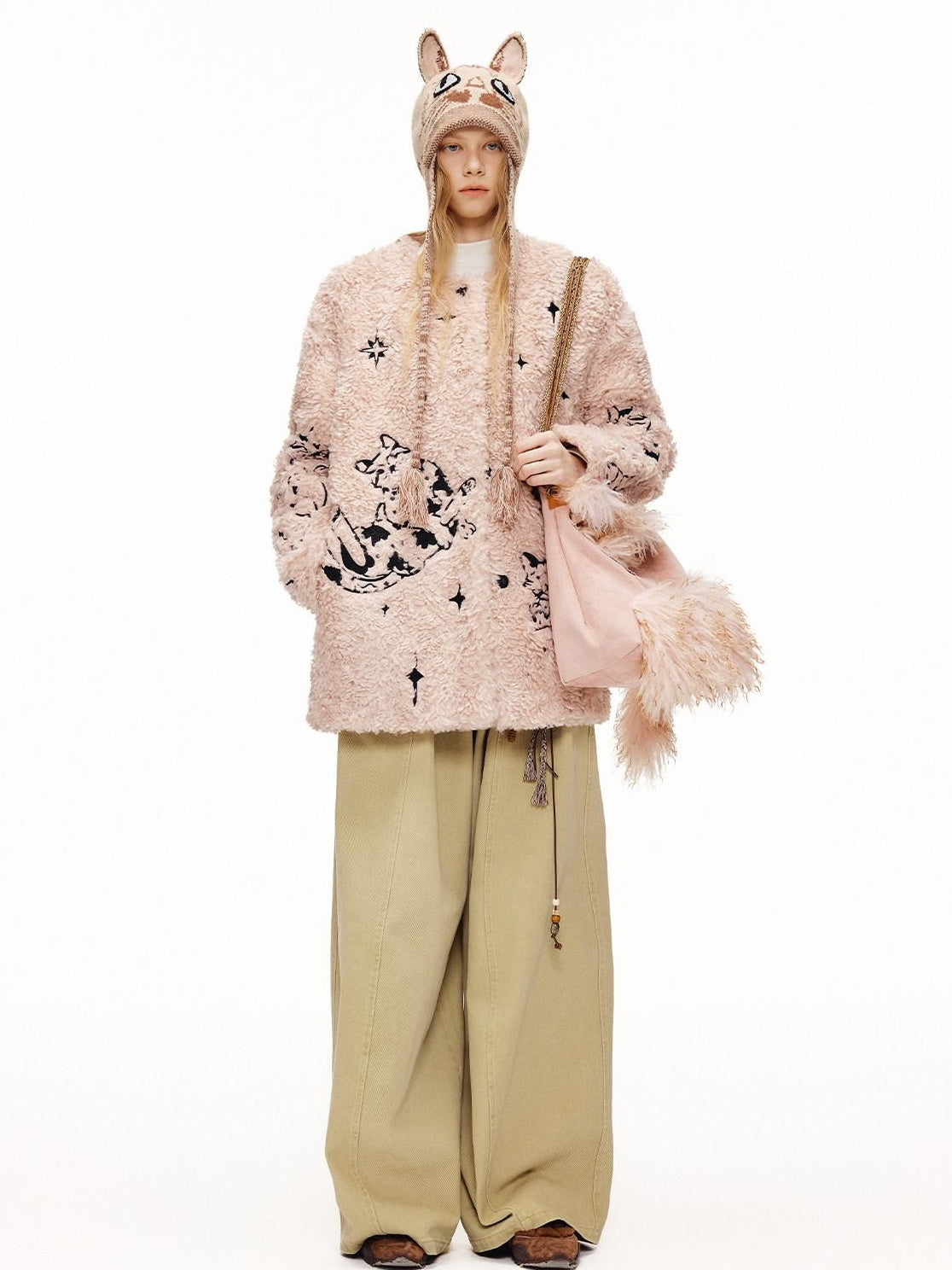 OuttheBlue Warm Thick Cotton Lined Embroidered Sweet Loose Women Dusty Pink Puffer Jackets