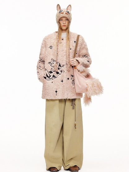 OuttheBlue Warm Thick Cotton Lined Embroidered Sweet Loose Women Dusty Pink Puffer Jackets