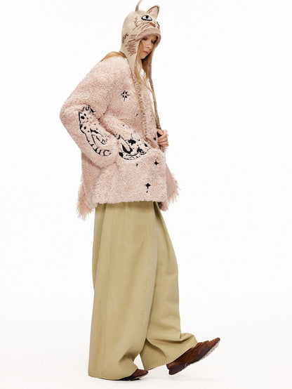 OuttheBlue Warm Thick Cotton Lined Embroidered Sweet Loose Women Dusty Pink Puffer Jackets