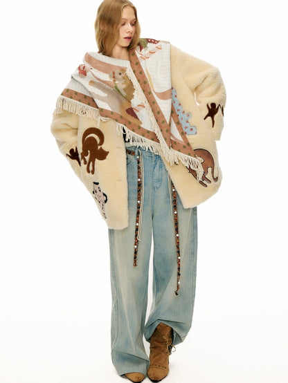 OuttheBlue Warm Thick Loose Fit Casual Buttoned Round Neck Animal Print Beige Women Jacket