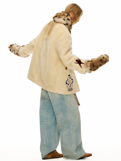 OuttheBlue Warm Thick Loose Fit Casual Buttoned Round Neck Animal Print Beige Women Jacket