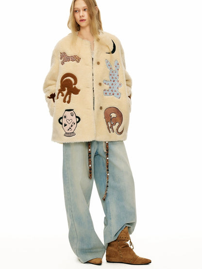 OuttheBlue Warm Thick Loose Fit Casual Buttoned Round Neck Animal Print Beige Women Jacket