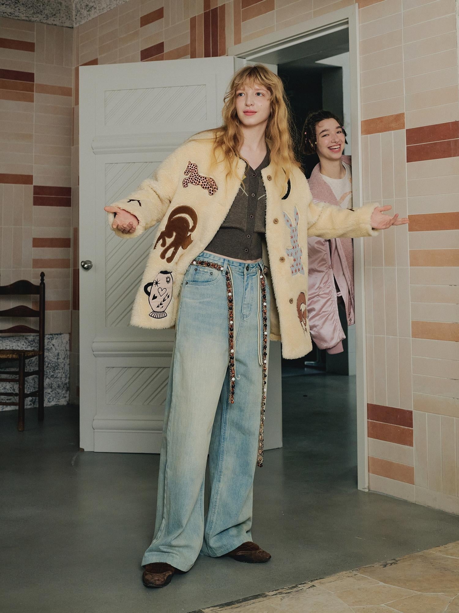 OuttheBlue Warm Thick Loose Fit Casual Buttoned Round Neck Animal Print Beige Women Jacket