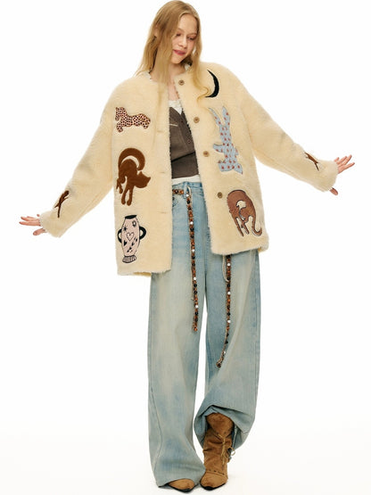 OuttheBlue Warm Thick Loose Fit Casual Buttoned Round Neck Animal Print Beige Women Jacket