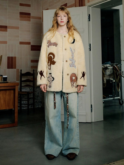 OuttheBlue Warm Thick Loose Fit Casual Buttoned Round Neck Animal Print Beige Women Jacket