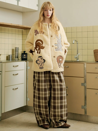 OuttheBlue Warm Thick Loose Fit Casual Buttoned Round Neck Animal Print Beige Women Jacket