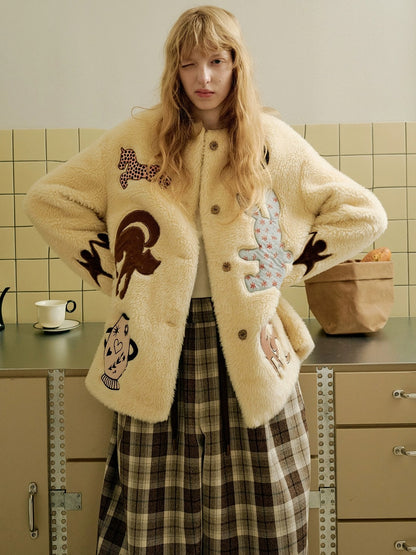 OuttheBlue Warm Thick Loose Fit Casual Buttoned Round Neck Animal Print Beige Women Jacket