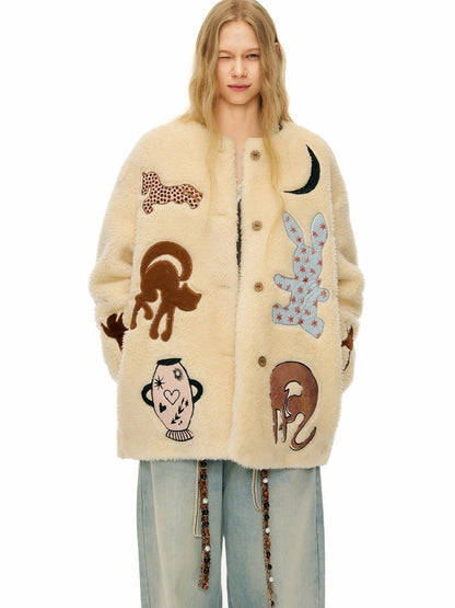 OuttheBlue Warm Thick Loose Fit Casual Buttoned Round Neck Animal Print Beige Women Jacket