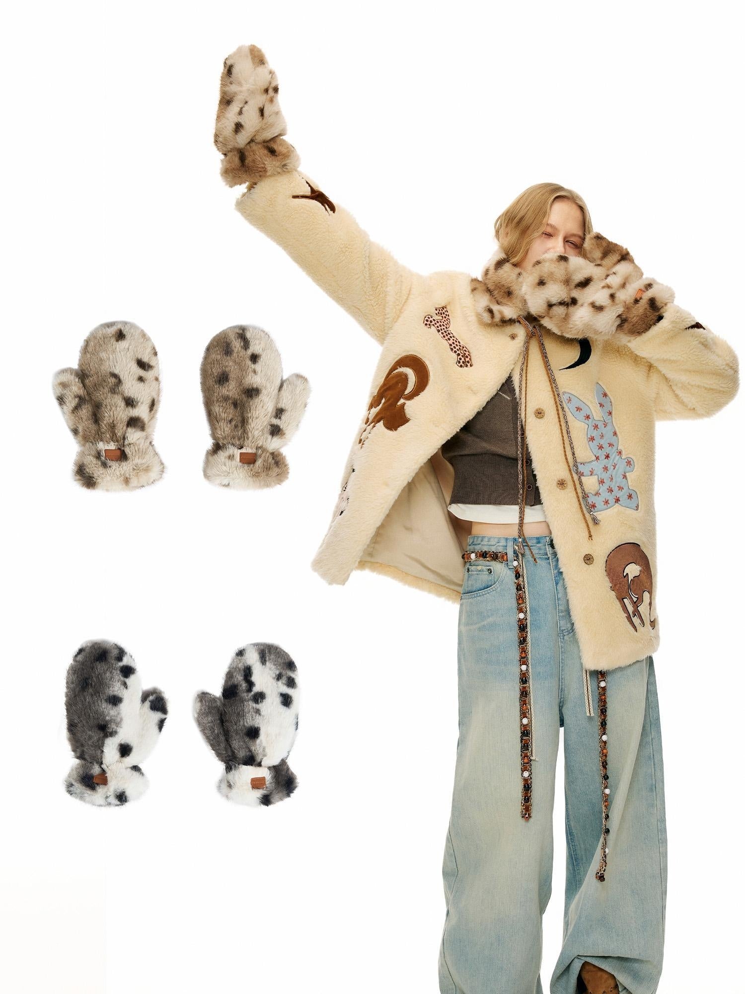 OuttheBlue Warm Thick Polyester Full Coverage Mitten Unisex Ski Leopard Gloves Accessories