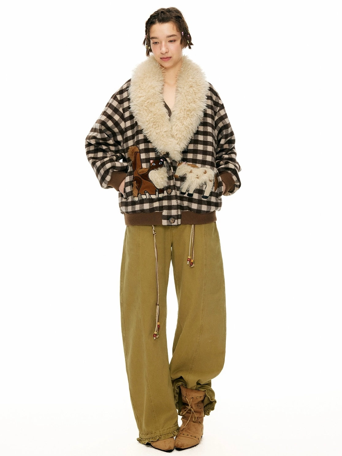 OuttheBlue Warm Wool Blend Plaid Loose Fit Single Breasted Commuter Women Jacket