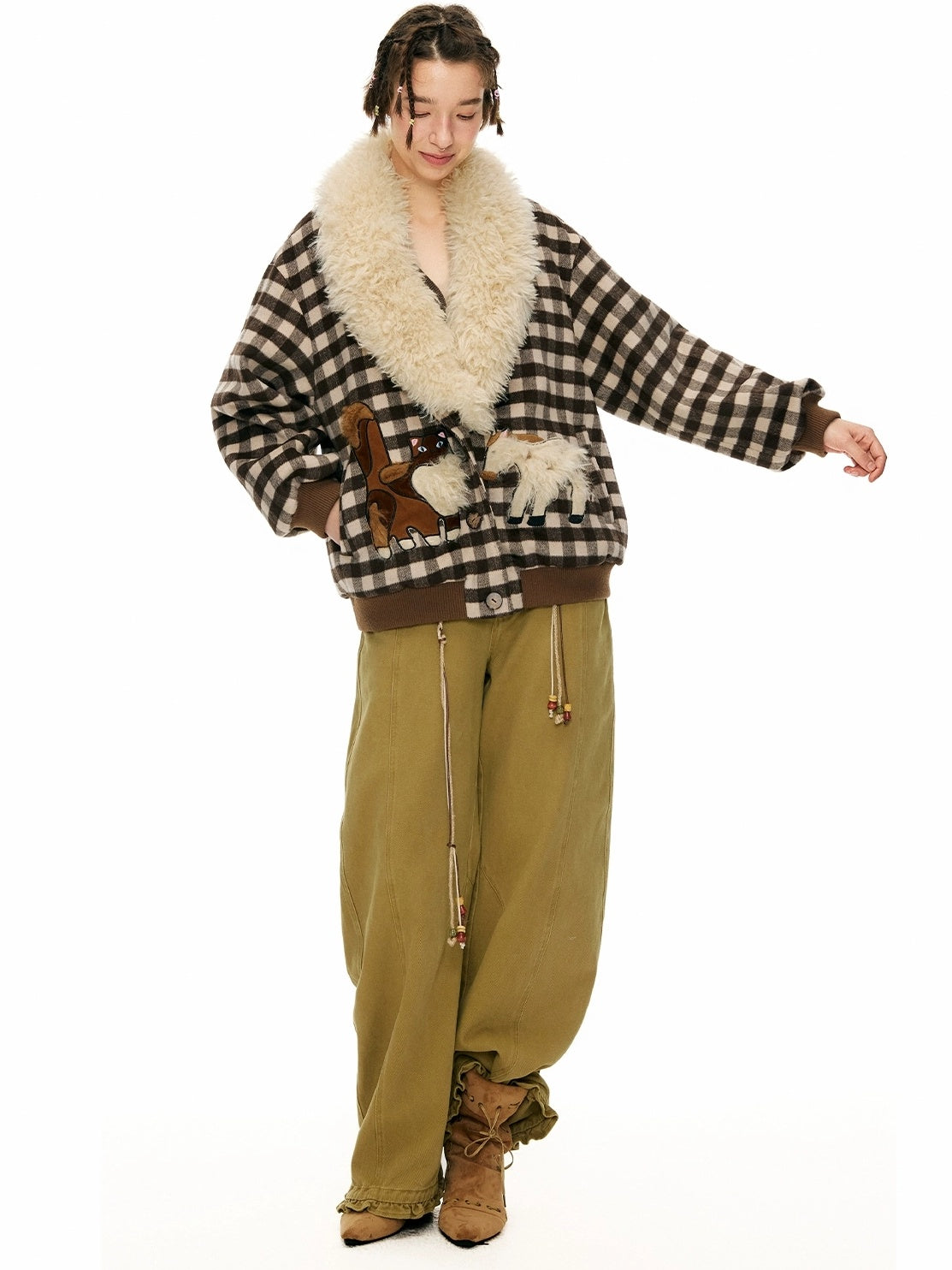 OuttheBlue Warm Wool Blend Plaid Loose Fit Single Breasted Commuter Women Jacket