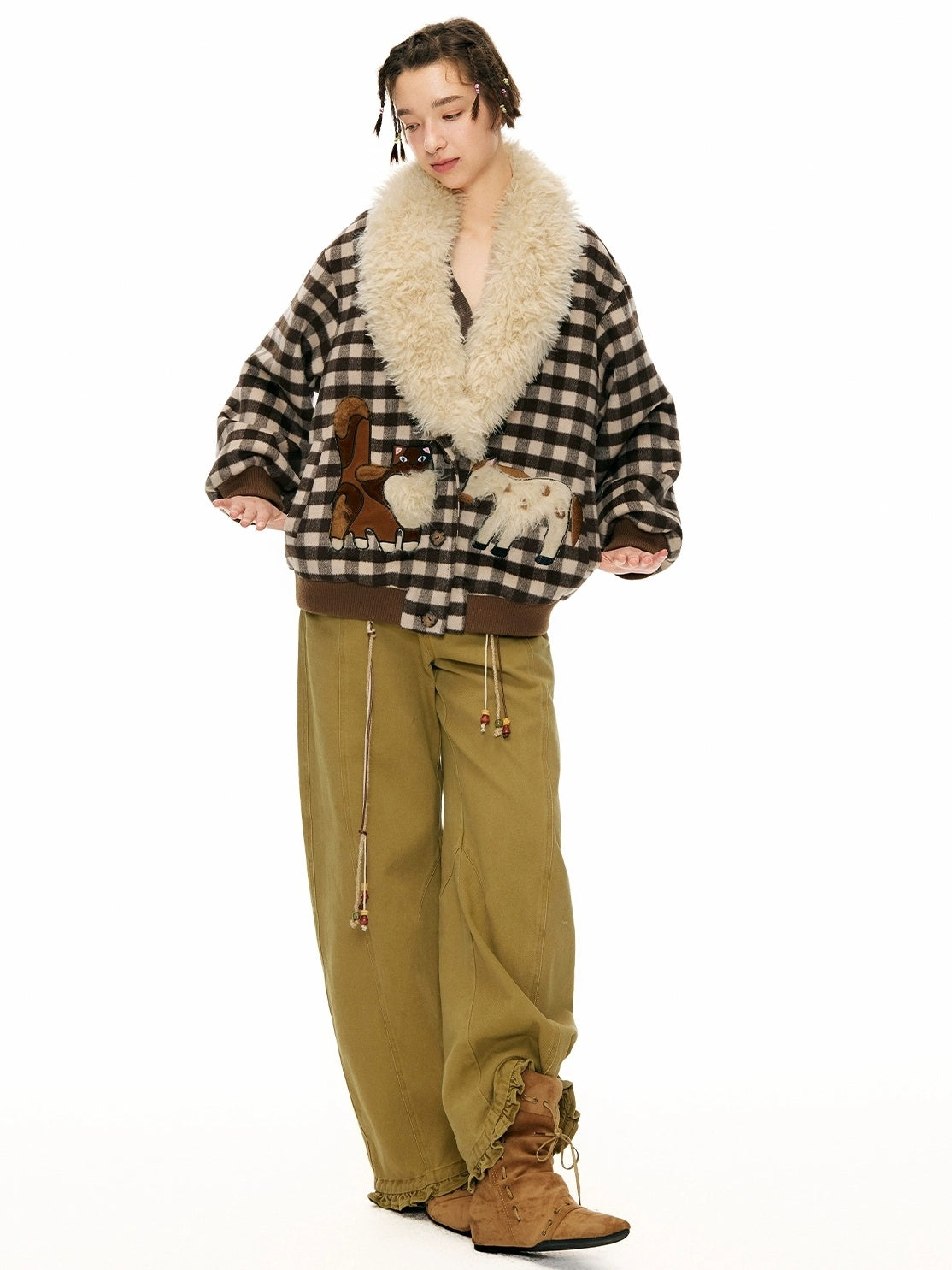 OuttheBlue Warm Wool Blend Plaid Loose Fit Single Breasted Commuter Women Jacket